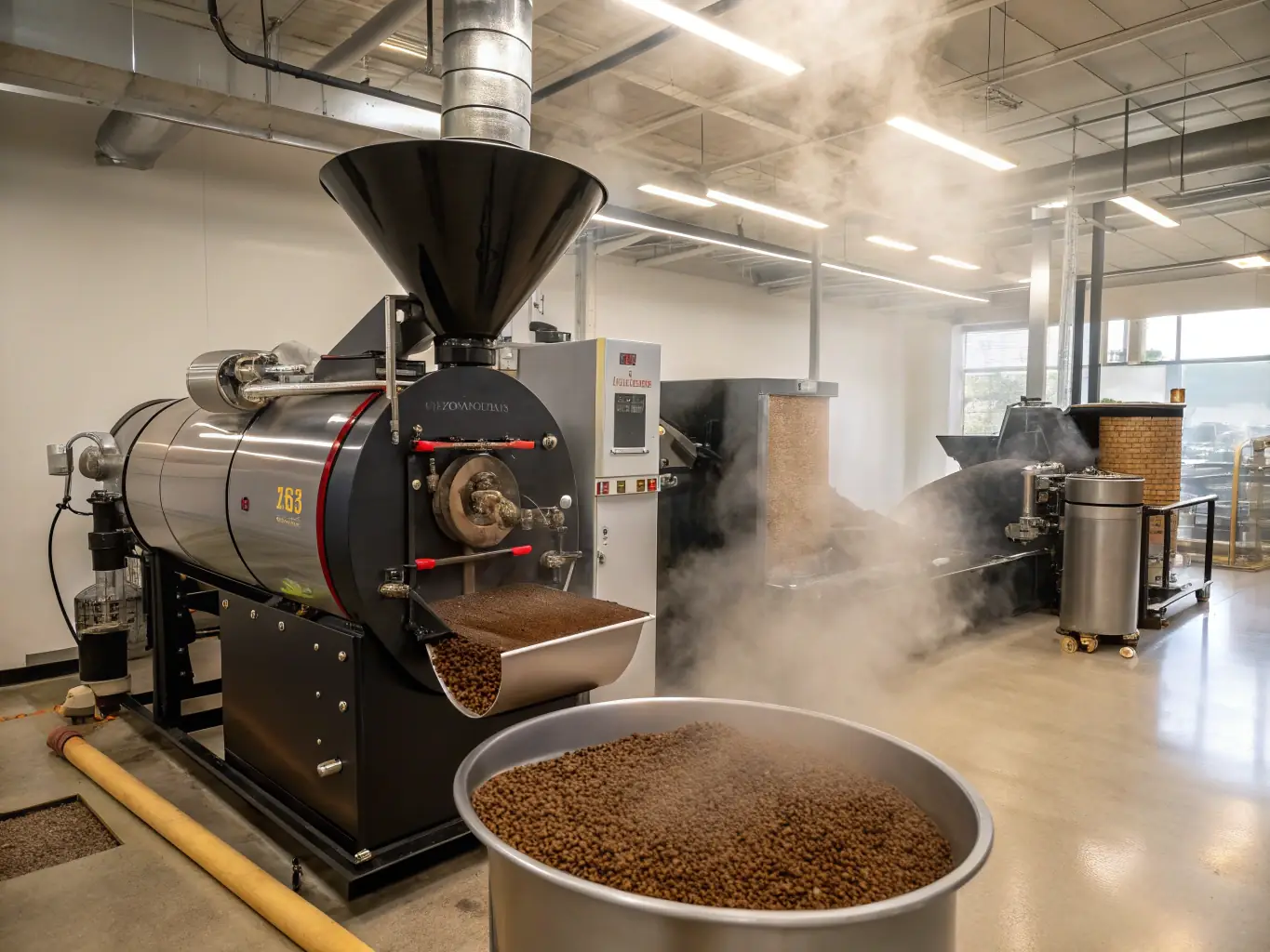 An image of a dust collection system installed in a coffee roasting facility, showcasing effective odor and dust removal.