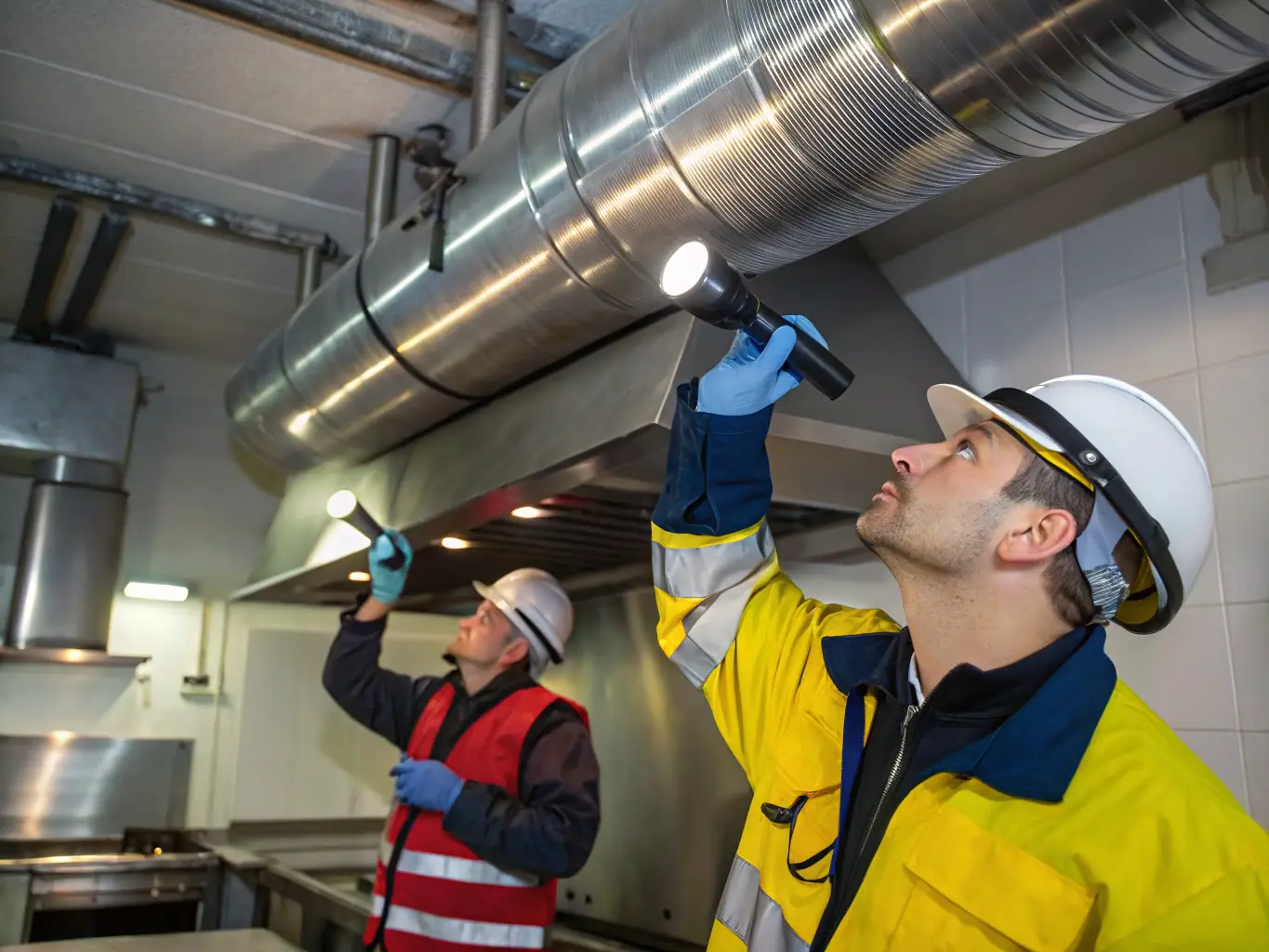 A technician inspecting and repairing ductwork in a commercial kitchen, ensuring optimal airflow and ventilation.