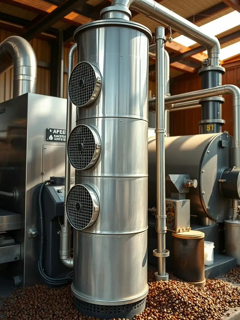 A coffee roasting facility with an electrostatic precipitator integrated into its ventilation system, eliminating coffee roasting odors and smoke, ensuring a positive impact on the surrounding neighborhood and community relations.
