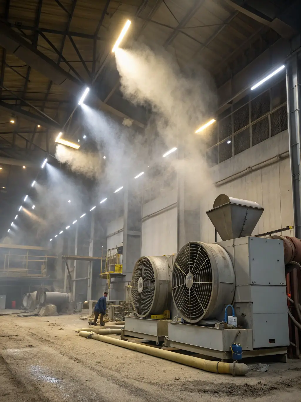 A small manufacturing plant with an electrostatic precipitator installed on its exhaust system, effectively controlling emissions and ensuring compliance with environmental regulations, with visible improvements in air quality around the facility.