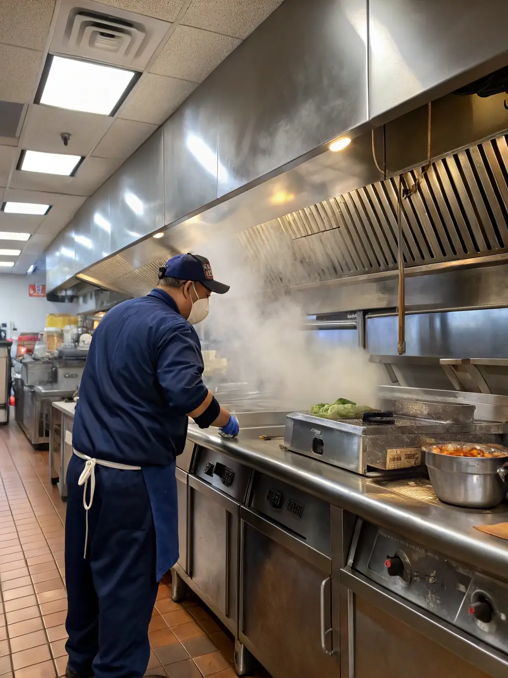 A modern restaurant kitchen with a clean, stainless steel electrostatic precipitator installed above the cooking area, efficiently removing smoke and grease particles, with chefs working comfortably in a clear, smoke-free environment.